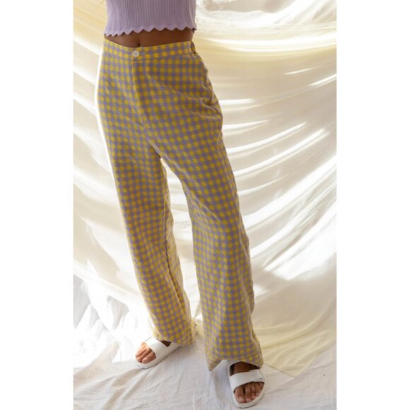 Anthropologie Find Me Now Gingham Wide Leg Pants Women Small Yellow Purpe Dainty - Picture 1 of 16
